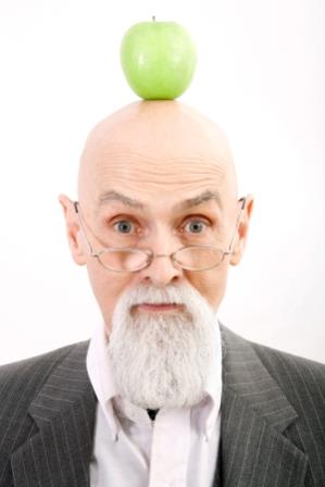 Canva Old professor with a green apple on top of his head2
